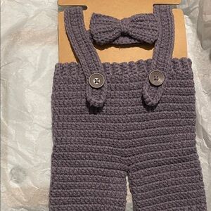 Gray Knit Baby Overalls with Bow